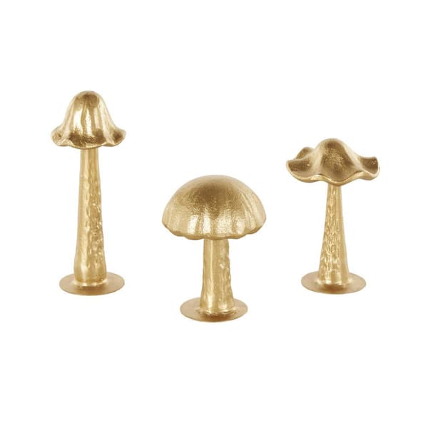 Litton Lane Gold Metal Metallic Mushroom Sculpture with Round Base (Set of 3)
