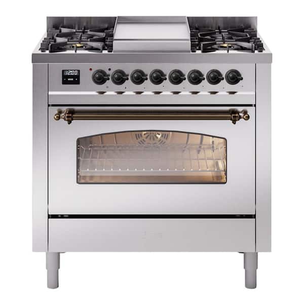 Nostalgie II 36 in. Dual Fuel Natural Gas Range with 6 Burners, Griddle, Burnished Trim in Stainless Steel