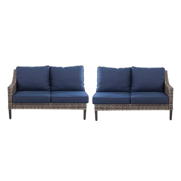 Hampton Bay Prestley Park 2-Piece Steel and Wicker Outdoor Loveseats with CushionGuard Blue Cushions