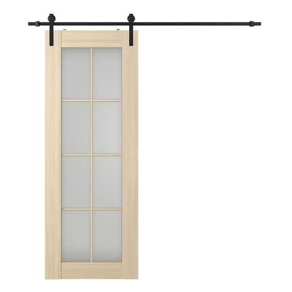 Vona 8 Lite 18 in. x 80 in. Frosted Glass Loire Ash Finished Composite Core Wood Sliding Barn Door with Hardware Kit
