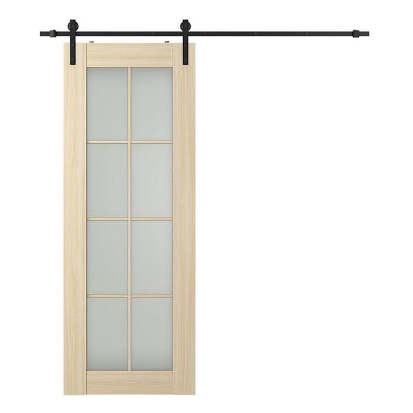 Belldinni Vona 8 Lite 24 in. x 84 in. Frosted Glass Loire Ash Finished Composite Core Wood Sliding Barn Door with Hardware Kit