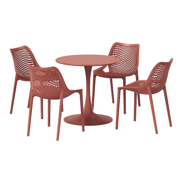 Frond and Form Outdoor Patio Modern 5-Piece Round HDPE Plastic Dining Table Set with Stackable Chairs, Red