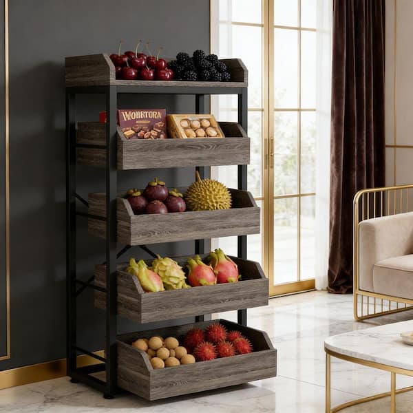 Tileon 5-Drawer Gray Wood Storage Basket Stand, Wine Organizer