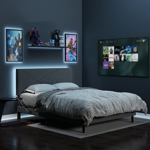 FOOTHILL Queen Platform Bed Frame with Upholstered LED Headboard, Built-in Charging Ports, Gray Geometric Design