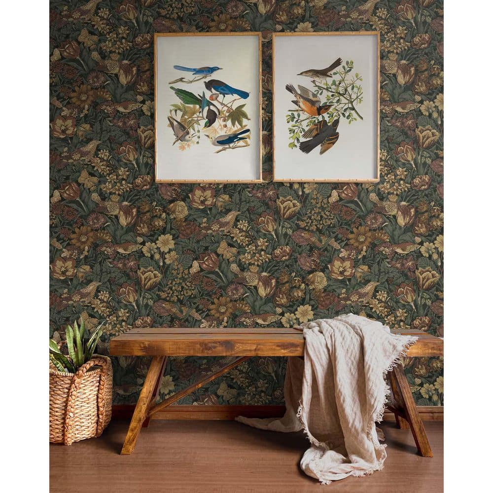 Mahogany and Graphite Bird Floral Peel and Stick Wallpaper