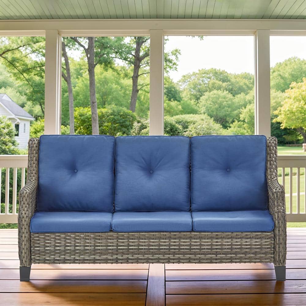 Carolina 3-Seat Gray Wicker Outdoor Sofa Couch Steel Frame Patio Sectional with CushionGuard Blue Cushions price history on PriceWatchPro