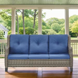 Carolina 3-Seat Gray Wicker Outdoor Sofa Couch Steel Frame Patio Sectional with CushionGuard Blue Cushions