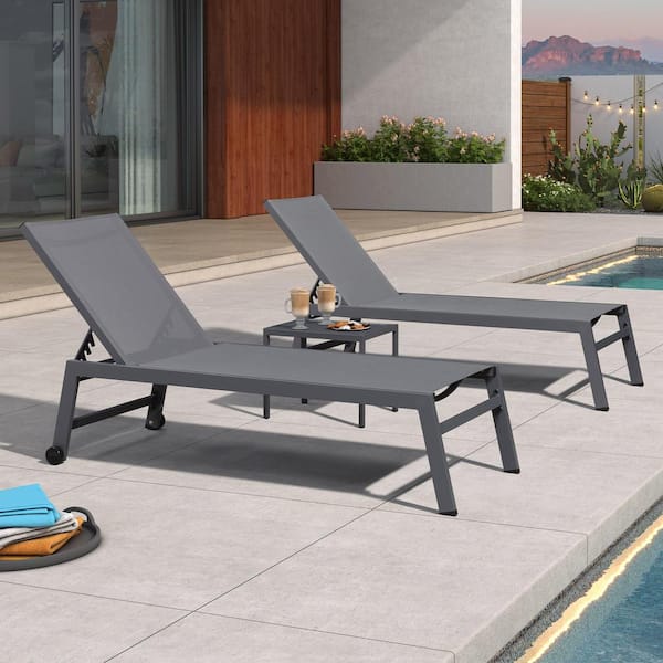 PURPLE LEAF Aluminum Drak Grey Frame Outdoor Chaise Lounge Patio Lounge Chair with Side Table and Wheels Extra Large, Charcoal Grey