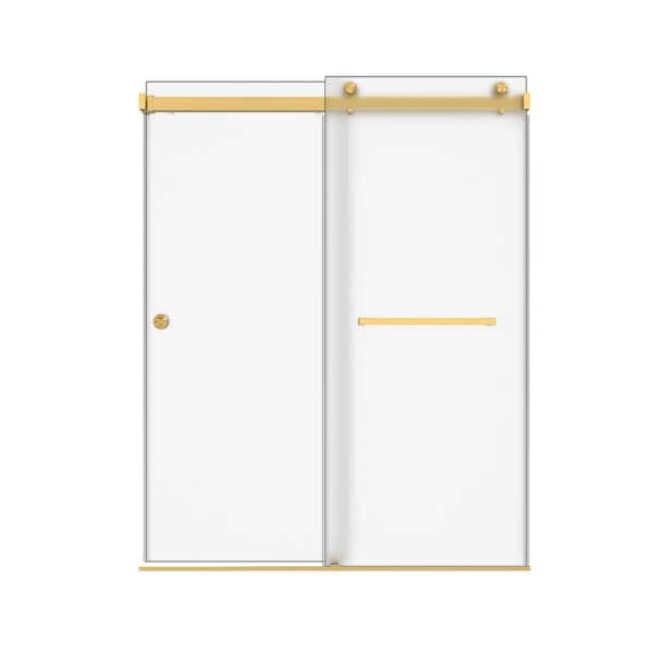 Frosted Film Glass 60 in. W x 76 in. H Double Sliding Frameless Bath Shower Door in Brushed Gold