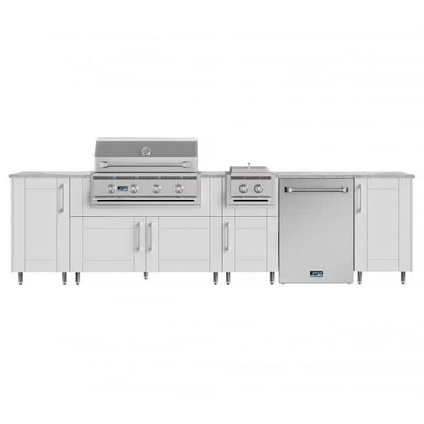 Nightfall 126 in. W 4-Burner Propane Grill Island in Sanibel Shell White w/ Fridge, Side Burner, Cabinet
