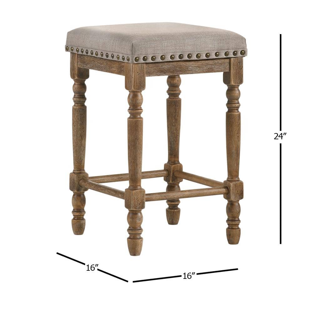 Weathered Oak Backless Counter Height Stool with Beige Upholstered Seat