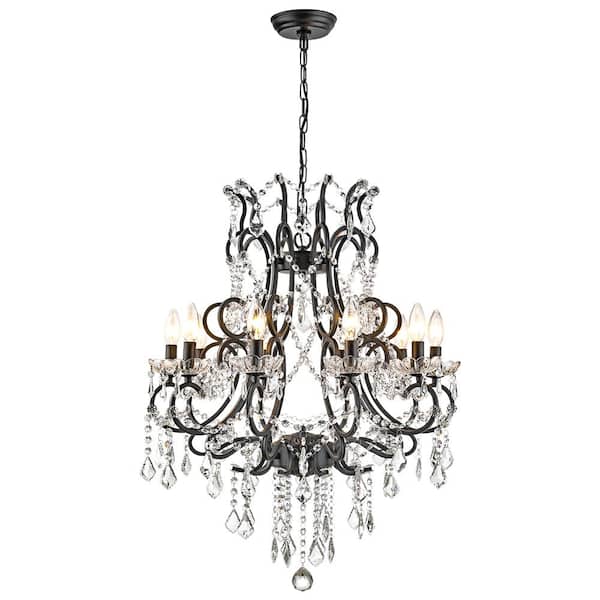Atlanta 10-Light 24.5 in. Black Crystal Traditional Candle Dimmable Chandeliers Living Dining Foyer Lighting