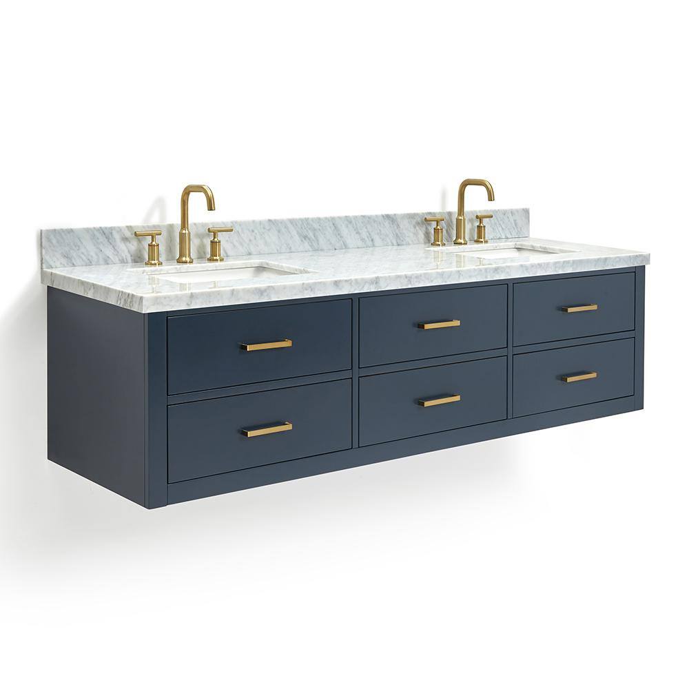 Midnight Blue Wall-Mount Double Vanity with Carrara Marble Top