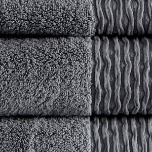 Aer 6-Piece Charcoal Cotton Bath Towel Set Jacquard Wavy Border Zero Twist Antimicrobial