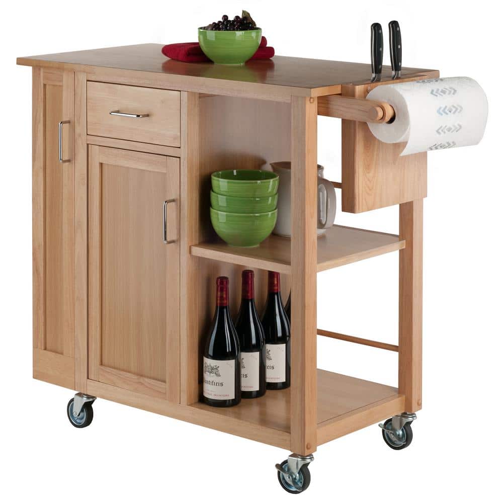 Natural Wood Kitchen Cart with Wine Rack and Storage
