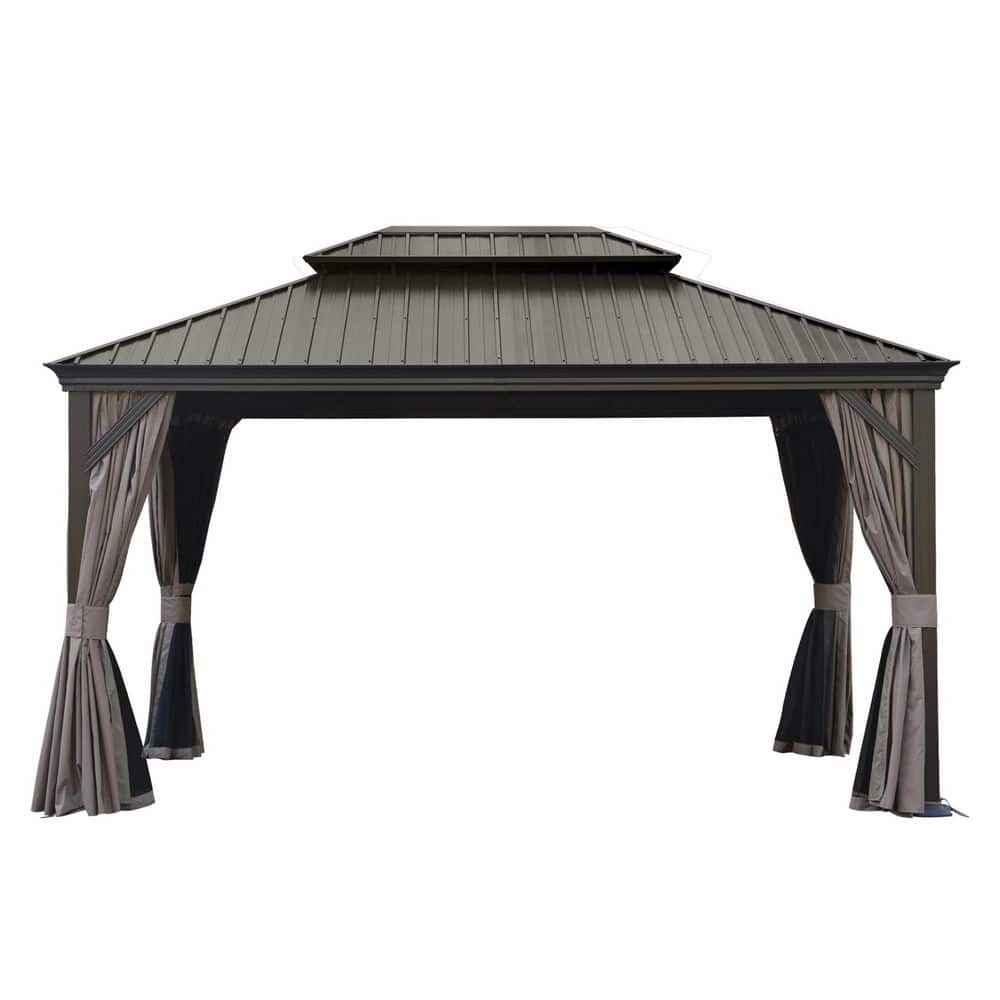10 ft. x 14 ft. Brown Metal Galvanized Steel Roof Hardtop Gazebo with Curtains and Netting price history on PriceWatchPro