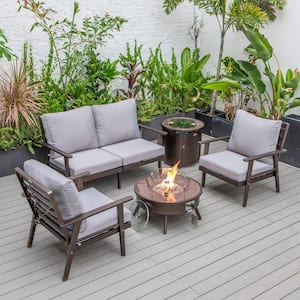 Walbrooke Brown 5-Piece Aluminum Round Patio Fire Pit Set with Grey Cushions and Tank Holder