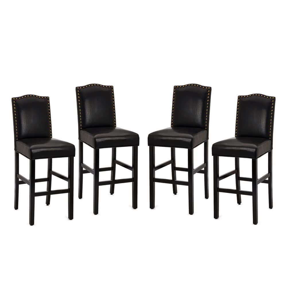 Black Leather Upholstered Bar Stools with Wood Legs, Set of 4