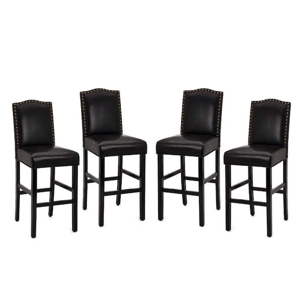 Glitzhome 45.00 in. H Black Leatherette Barchair with Studded Decoration High Back Solid Rubberwood Legs (Set of 4)