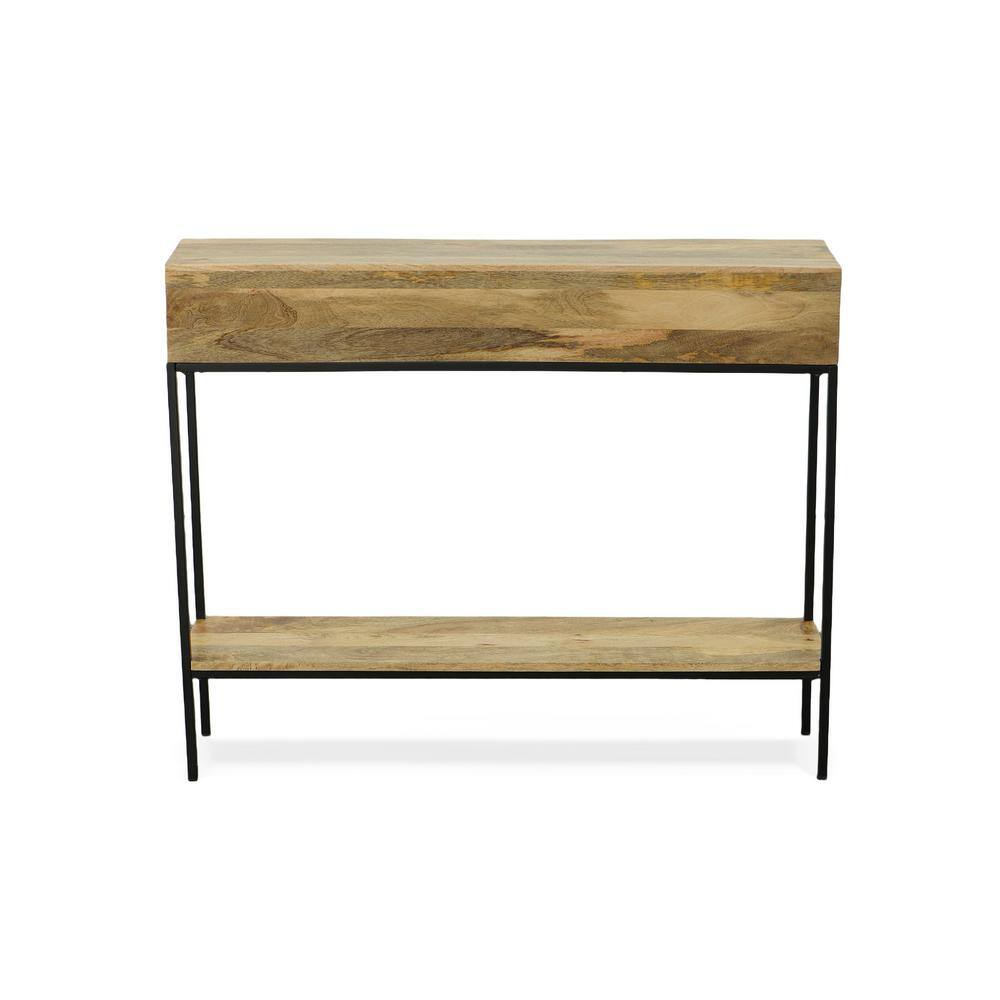 Natural Mango Wood and Black Metal Console Table with Storage