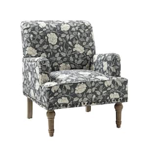 Venere Grey Floral Patterns Armchair with Nailhead Trim and Turned Solid Wood Legs
