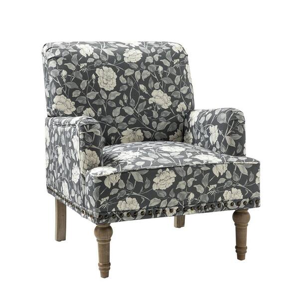 JAYDEN CREATION Venere Grey Floral Patterns Armchair with Nailhead Trim and Turned Solid Wood Legs