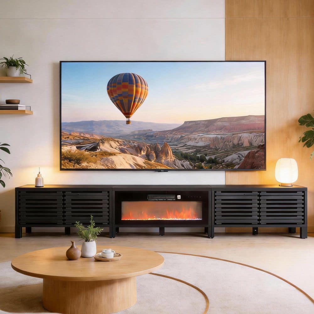 115 in. Black Freestanding Fireplace TV Stand Fits Up to 110 in. with Remote