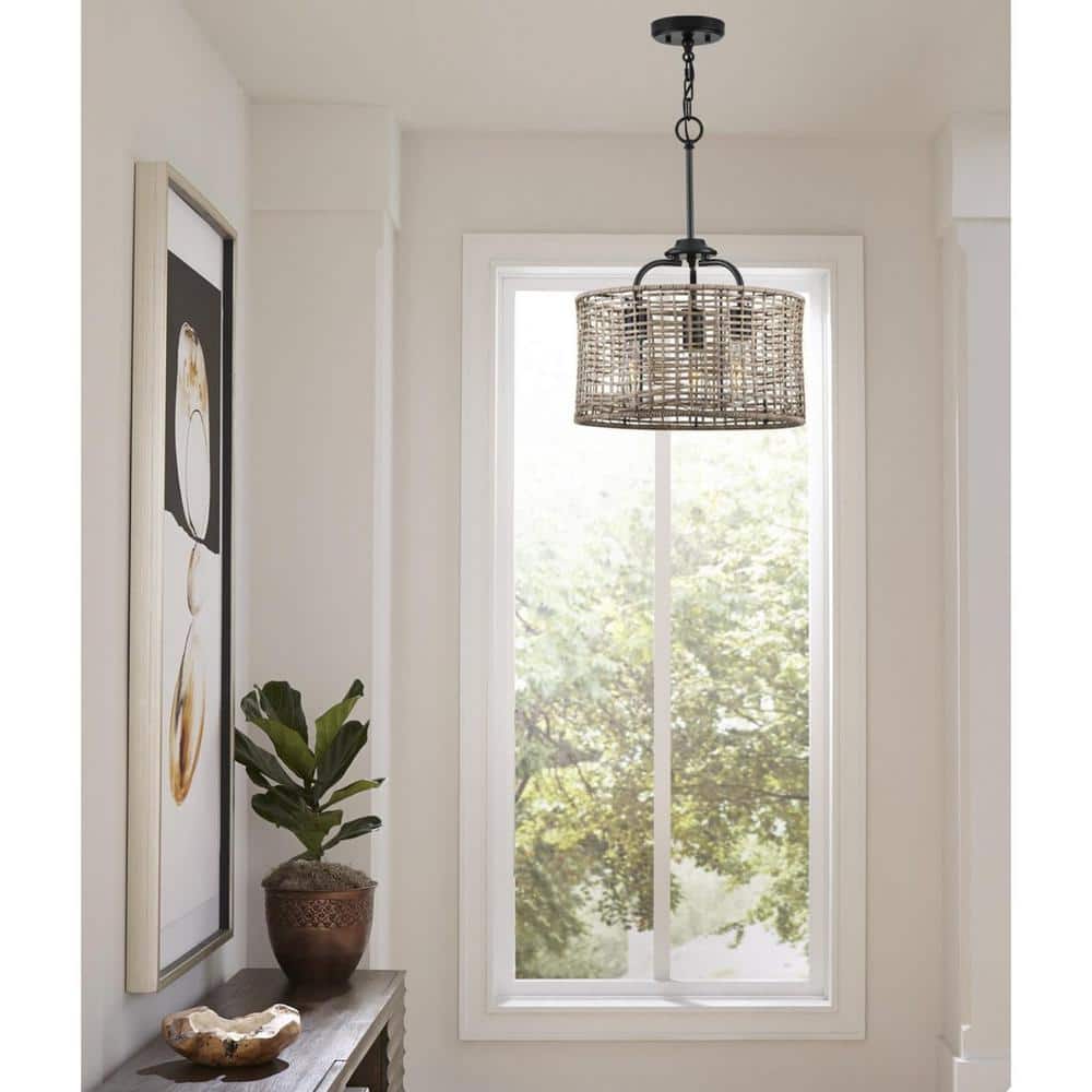 Matte Black and Rattan 3-Light Semi-Flush Mount Ceiling Light
