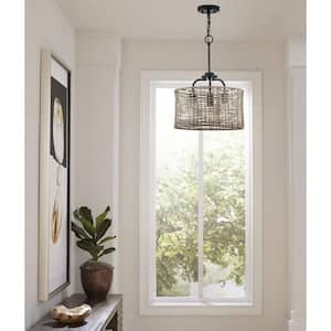 Lavelle Collection 15-5/8 in. 3-Light Natural Rattan Textured Black Global Semi-Flush Mount or Hanging Ceiling Light