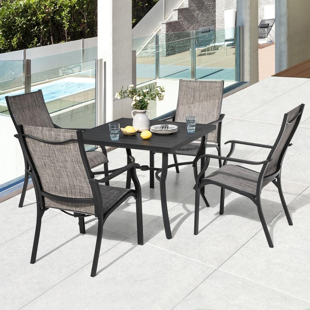 Grayish Brown 5-Piece Textilene and Aluminum Outdoor Dining Set, 4 Chairs and 36 in. Table with 1.97 in. Umbrella Hole -  Nuu Garden, SD101-T22A