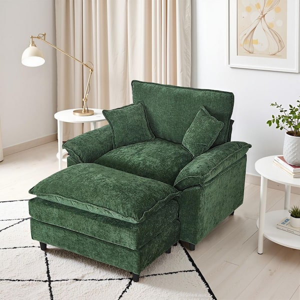 Oversized Green Chenille Soft Single Sofa Accent Chair with Ottoman and 2-Small Pillows for Bedroom and Living Room