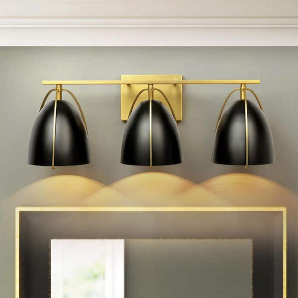 Tybalt 23.2 in. 3-Light Mid-Century Modern Black and Brushed Gold Bowl Dome Vanity Light