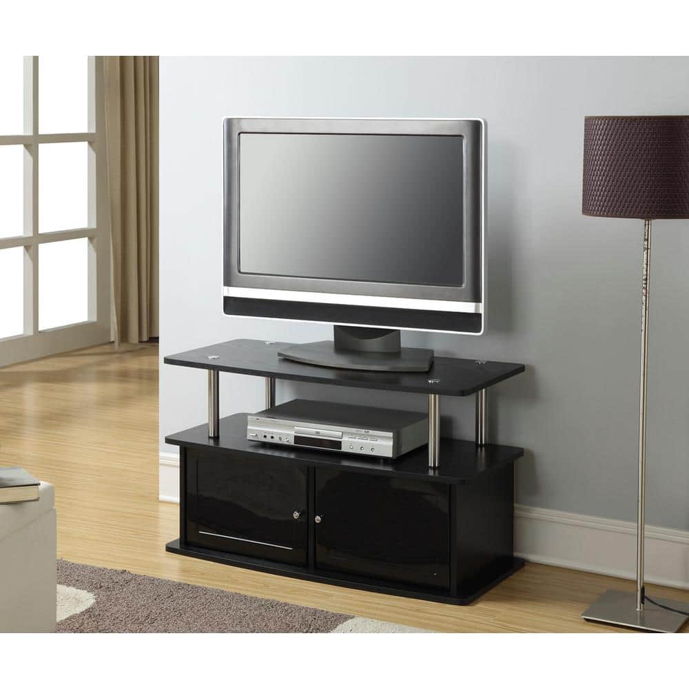 Black Modern TV Stand with Two Cabinets and Stainless Steel Poles