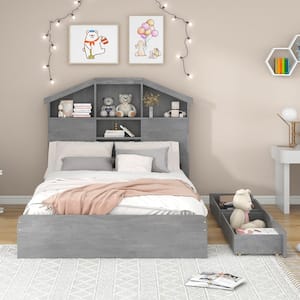 Gray Wood Frame Full Size Platform Bed with 2-Under-Bed Drawers, House-Shaped Headboard with Shelves