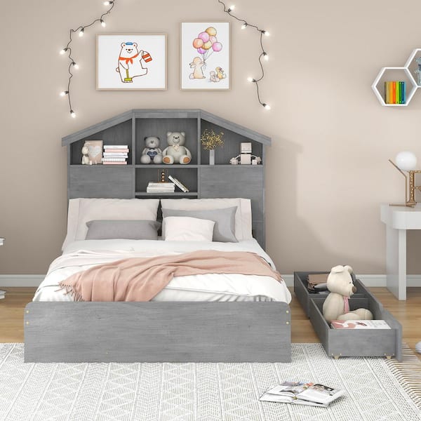 Harper & Bright Designs Gray Wood Frame Full Size Platform Bed with 2-Under-Bed Drawers, House-Shaped Headboard with Shelves