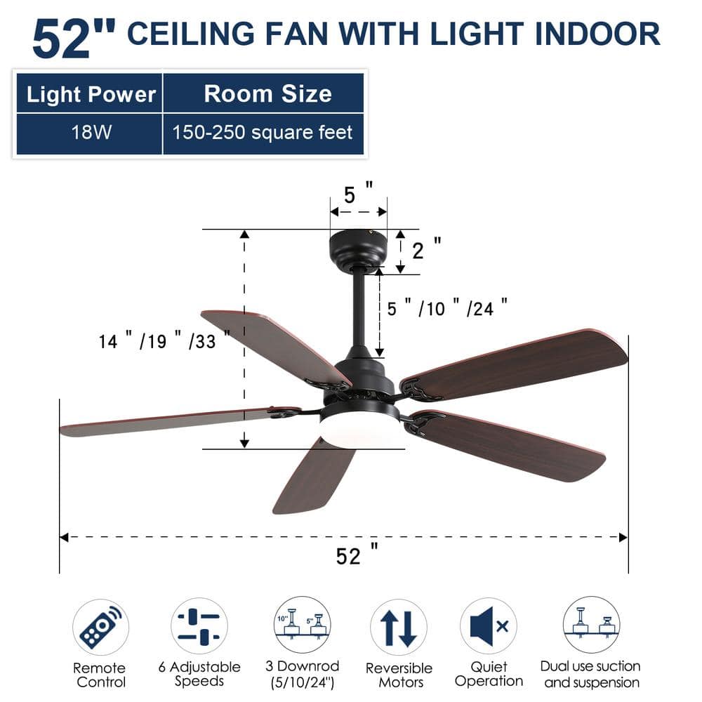 52 Inch Black MDF Ceiling Fan with LED Light and Remote Control