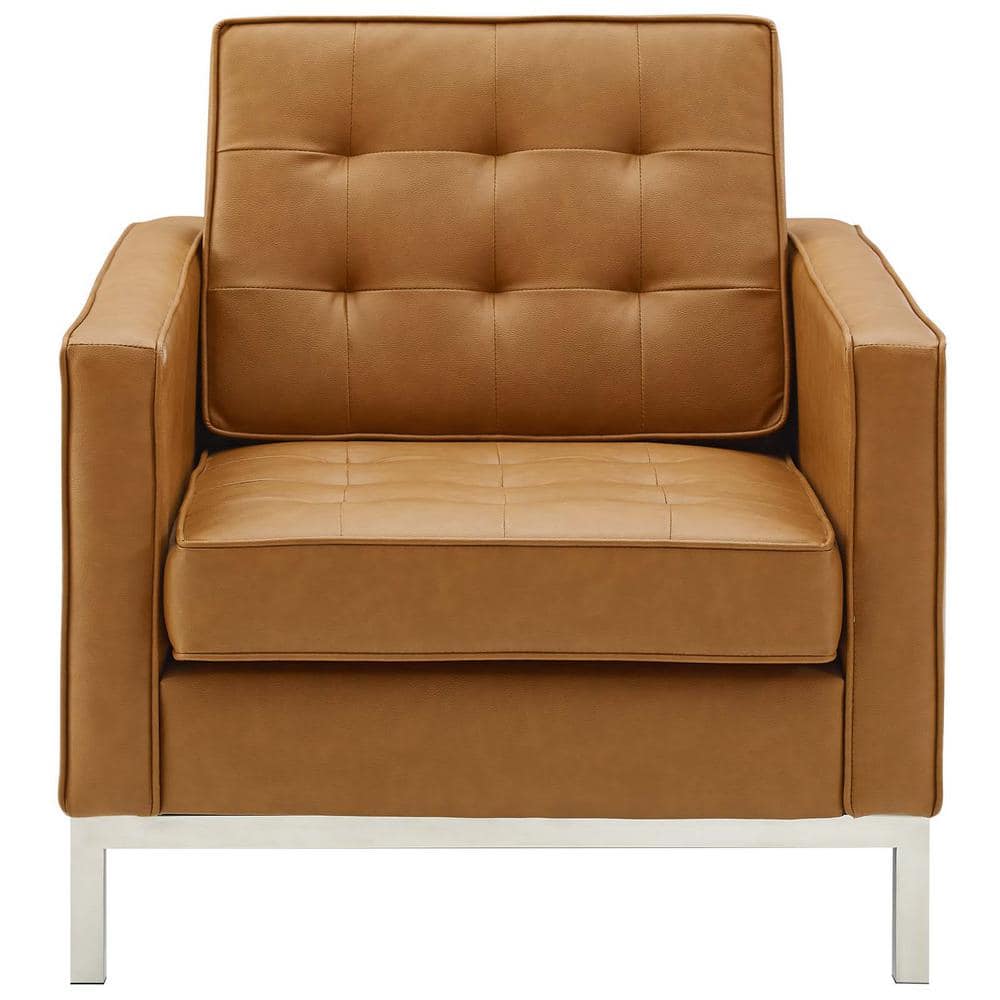 Mid-Century Modern Silver Tan Faux Leather Accent Chair
