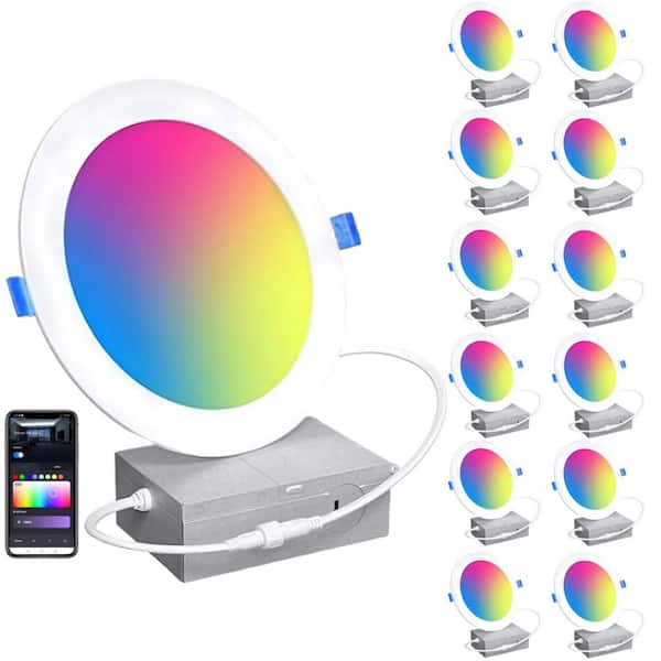 5/6 in. 12W LED Smart RGB and 3000-6000K Color Changing 1320LM Recessed Downlight Wi-Fi Bluetooth Soffit Light (12-Pack)