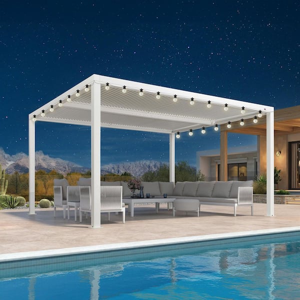 12 ft. x 14 ft. White Aluminum Frame Outdoor Louvered Pergola with Adjustable Sunshade Roof and Solar String Lights