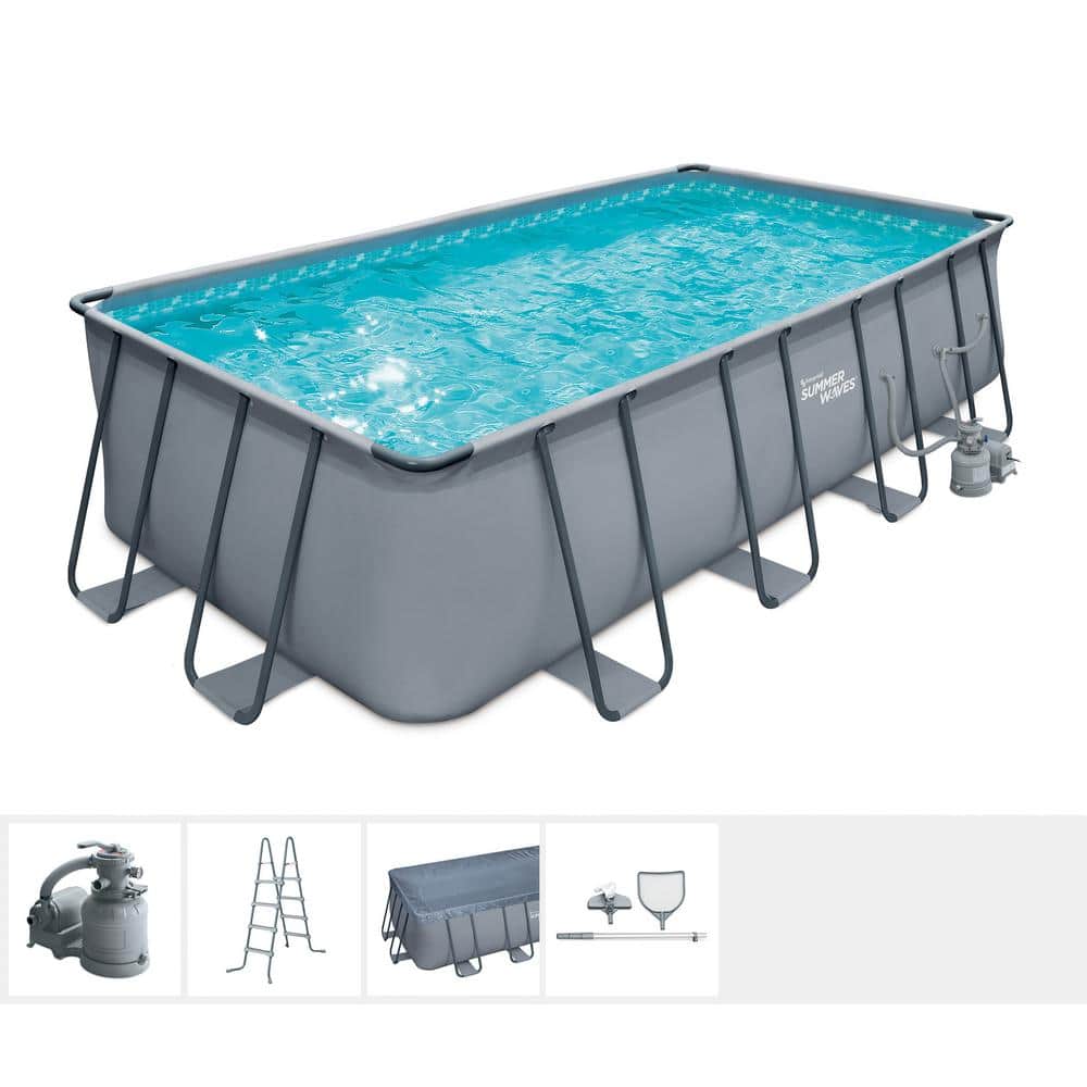 Summer Waves Elite 18 ft. x 9 ft. Rectangular x 52 in. Deep Metal Frame Pool Package with Sand Filter Pump System, Gray -  P4180952G