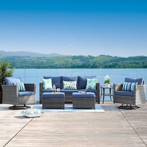 Positano Gray 6-Piece Wicker Patio Conversation Set with Blue Cushions and Swivel Rocking Chairs