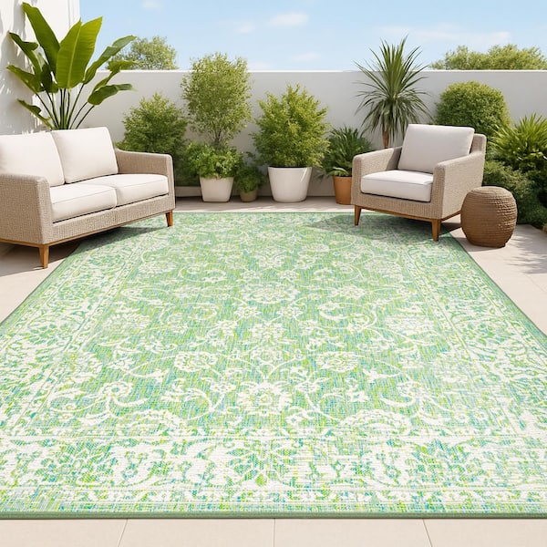 Tela Bohemian Textured Weave Floral Cream/Green 9 ft. x 12 ft. Indoor/Outdoor Area Rug