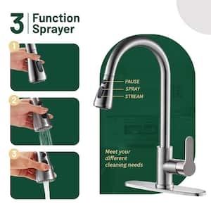 Pause Mode Single Handle Pull Down Sprayer Kitchen Faucet with Deckplate Included in Brushed Nickel