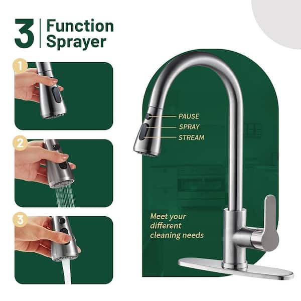 Gooseneck Single-Handle Pull Down Sprayer Kitchen Faucet with Deckplate Pull Out Sink Faucet in Brushed Nickel