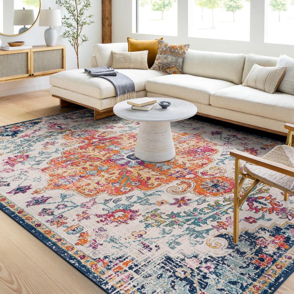 Orange and Navy Synthetic 4' x 6' Vintage Medallion Area Rug