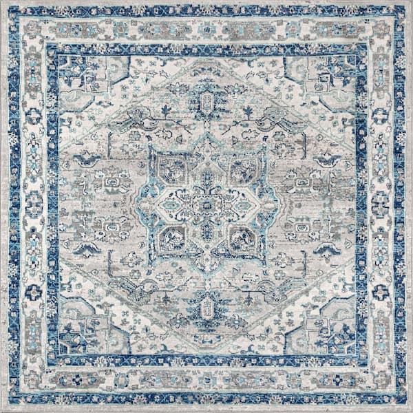Modern Persian Vintage Medallion Light Grey/Blue 5 ft. Square Area Rug