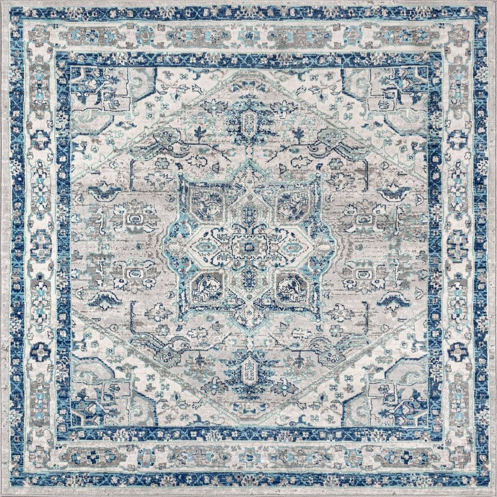 Modern Vintage Medallion 8' Square Area Rug in Light Grey/Blue