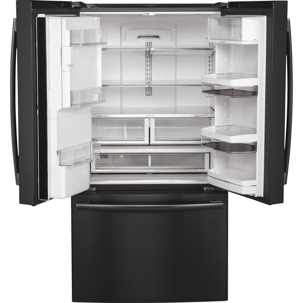 Ge Profile 22 2 Cu Ft French Door Refrigerator With Hands Free Autofill In Black Stainless Steel Counter Depth Pye22kblts The Home Depot