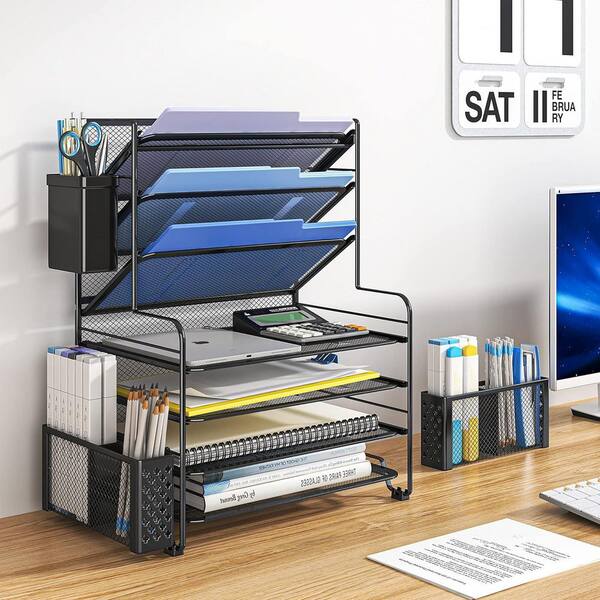 7 Tier Mesh Paper Tray With Pen Holder Simple Trending 7-Tier Desk File Organizer - Metal Mesh Letter Tray With Pen Holder & Storage Baskets Desk Organizer