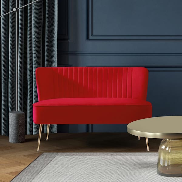 Farrah 46 in. Wide 2-Seater Velvet Upholstered Armless Wingback Loveseat Settee, Red